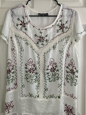 Anandas Collection Women's White Embroidered Floral Short-Sleeve Top, Size XL